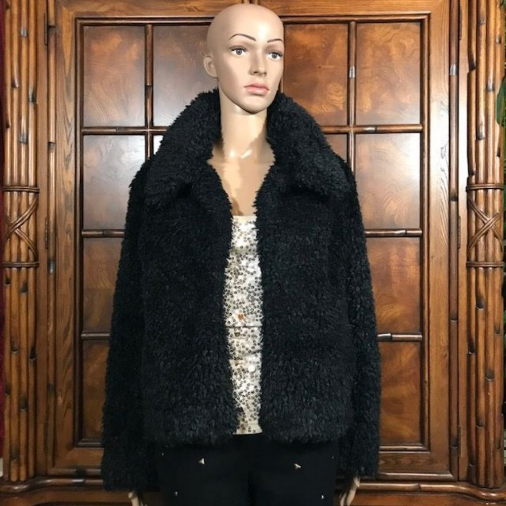 Sugar Poison Black Faux Curly Lamb Fur Coat